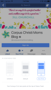 How to Follow Facebook Page- See First- Corpus Christi Moms Blog
