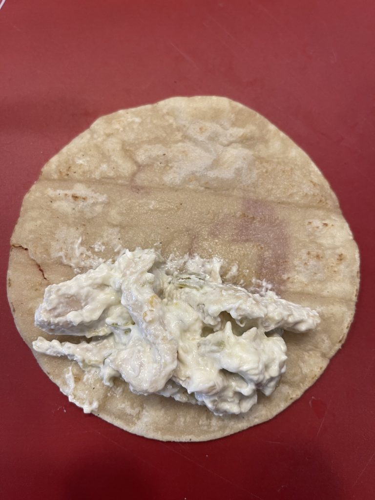 Flat tortilla with chicken and cheese mixture on one side