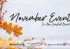 Graphic Image with a white shiplap background. There are fall leaves in orange and yellow, adorning the left side of the image. Text reads: November Events in the Coastal Bend presented by Coastal Bend Mom Collective and The American Bank Center