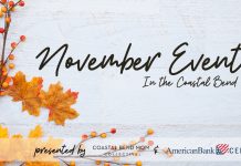 Graphic Image with a white shiplap background. There are fall leaves in orange and yellow, adorning the left side of the image. Text reads: November Events in the Coastal Bend presented by Coastal Bend Mom Collective and The American Bank Center