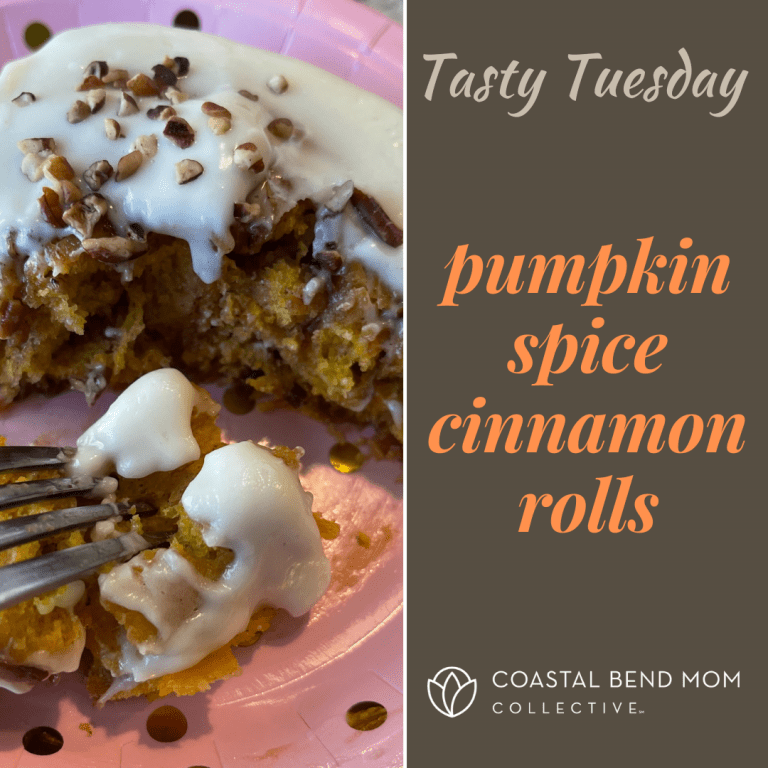 Image Reads: Tasty Tuesday, Pumpkin Spice Cinnamon Rolls with a photo of a fork spearing a bite of cinnamon roll.
