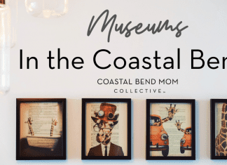 Image: four framed art pieces hanging on a wall. Text reads Museums in the Coastal Bend :