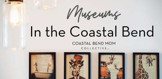 Image: four framed art pieces hanging on a wall. Text reads Museums in the Coastal Bend :