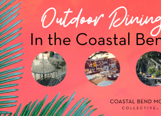 Image: Red background with a palm frond on the left hand side. Three circle photos are inset of outdoor patio restaurant tables. Text reads Outdoor Dining in the Coastal Bend