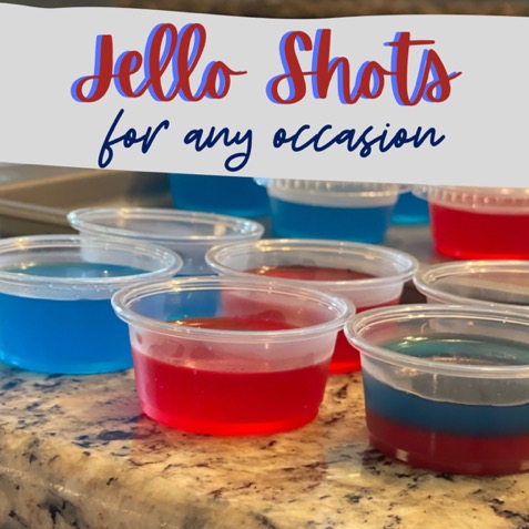 Image of red and blue jello shot cups. Text overlay reads Jello Shots for Any Occasion 