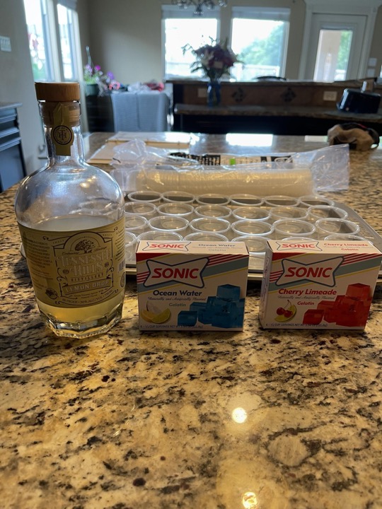 Image shows a bottle of vodka, a box of blue jello and a box of red jello. In the background is a cookie tray holding small plastic cups used for making jello shots.