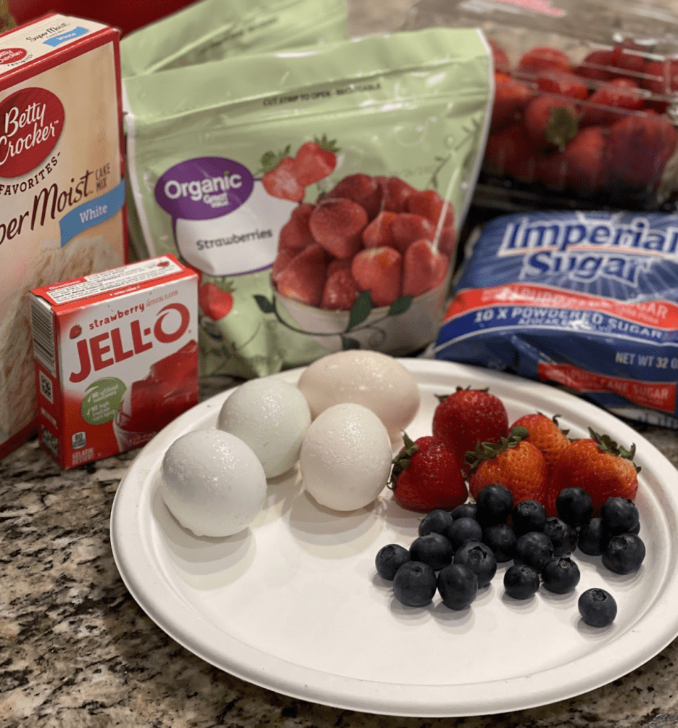 Image of the ingredients used in Strawberry bundt cake.