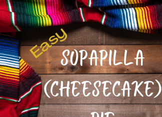 Image of a wooden tray with a colorful Mexican blanket creating a border. Text reads "Easy Sopapilla (Cheesecake) Pie"