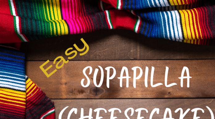 Image of a wooden tray with a colorful Mexican blanket creating a border. Text reads "Easy Sopapilla (Cheesecake) Pie"