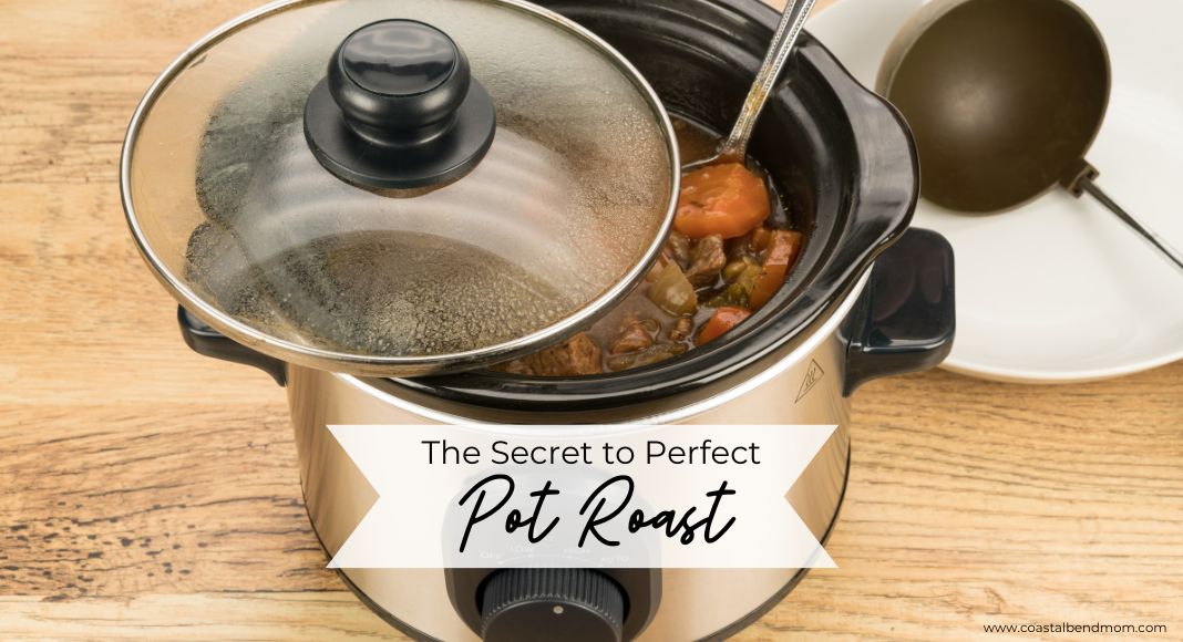 Secret to Perfect Pot Roast : Image shows a pot roast and veggies in a silver crock pot.