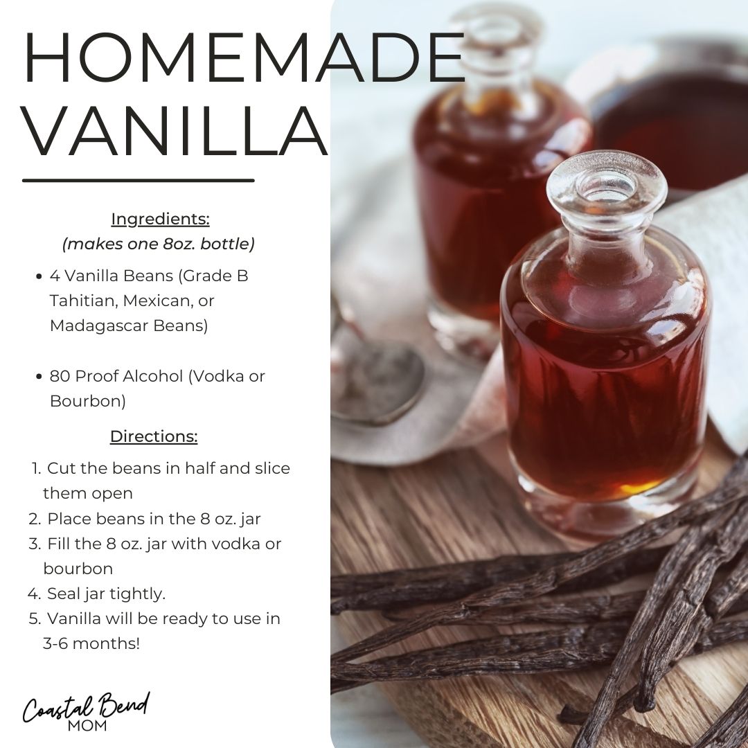 Homemade Vanilla Recipe Card. The left side of the image is the recipe. On the right half, it shows two small bottles of liquid vanilla, with vanilla bean pods laying next to them.