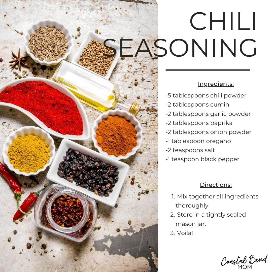 Chili Seasoning Recipe Card: Image on the right shows assorted spices. To the left is the recipe.