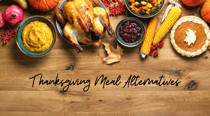 Thanksgiving Meal Alternatives - Image of thanksgiving food, including turkey, mashed sweet potatoes, corn on the cob, and a pumpkin pie