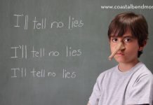 boy with a long nose in front of a chalk board that says I'll tell no lies.