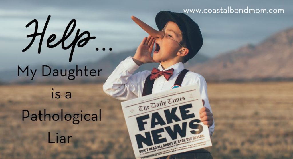 boy with fake news paper and a long nose. Help my daughter is a pathological liar 