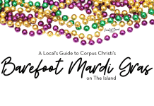Image: White background with purple, gold, and green Mardi Gras beads across the top. Text reads: A Local's Guide to Corpus Christi's Barefoot Mardi Gras on The Island