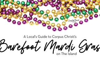 Image: White background with purple, gold, and green Mardi Gras beads across the top. Text reads: A Local's Guide to Corpus Christi's Barefoot Mardi Gras on The Island