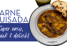Image shows a bowl of Carne Guisada, garnished with a warm flour tortilla. Text reads: CARNE GUISADA - Super easy, quick, & delish!