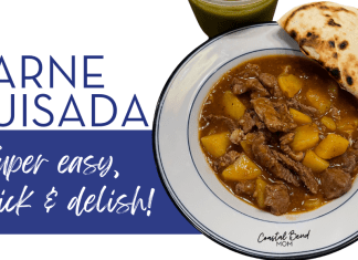 Image shows a bowl of Carne Guisada, garnished with a warm flour tortilla. Text reads: CARNE GUISADA - Super easy, quick, & delish!