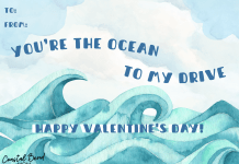 Card - background is watercolor light blue with white clouds, at the forefront are ocean waves in a blue and teal color. Text reads "You're the Ocean to my Drive"
