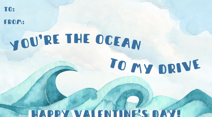 Card - background is watercolor light blue with white clouds, at the forefront are ocean waves in a blue and teal color. Text reads "You're the Ocean to my Drive"