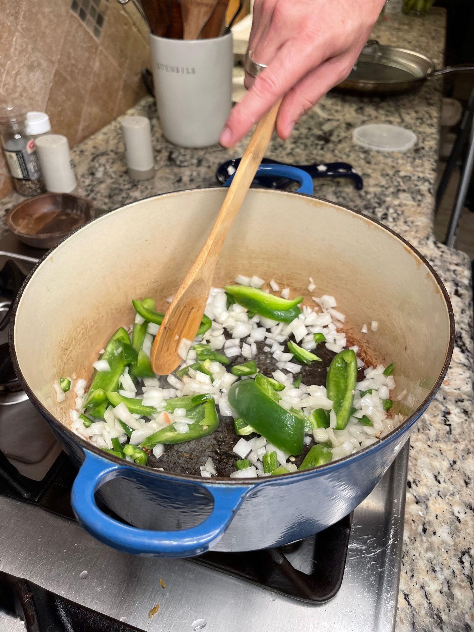 Making Carne guisada stirring pot with raw onions, garlic, bell peppers and jalapenos