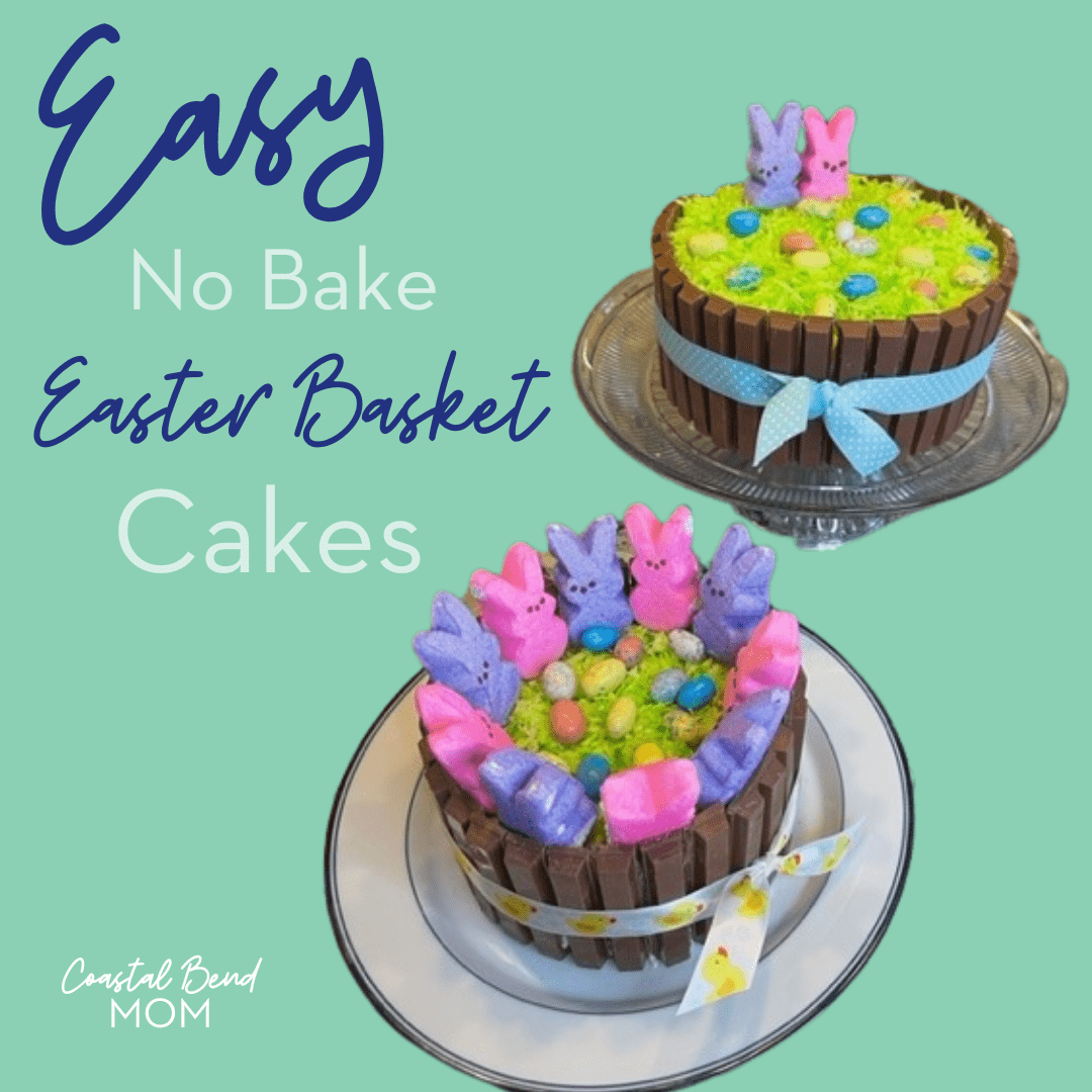 light green background with two finished cakes with the title of Easy no bake Easter Basket cakes written in the graphic
