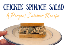 graphic showing a plated sandwich with the title chicken spinach salad - a perfect summer recipe