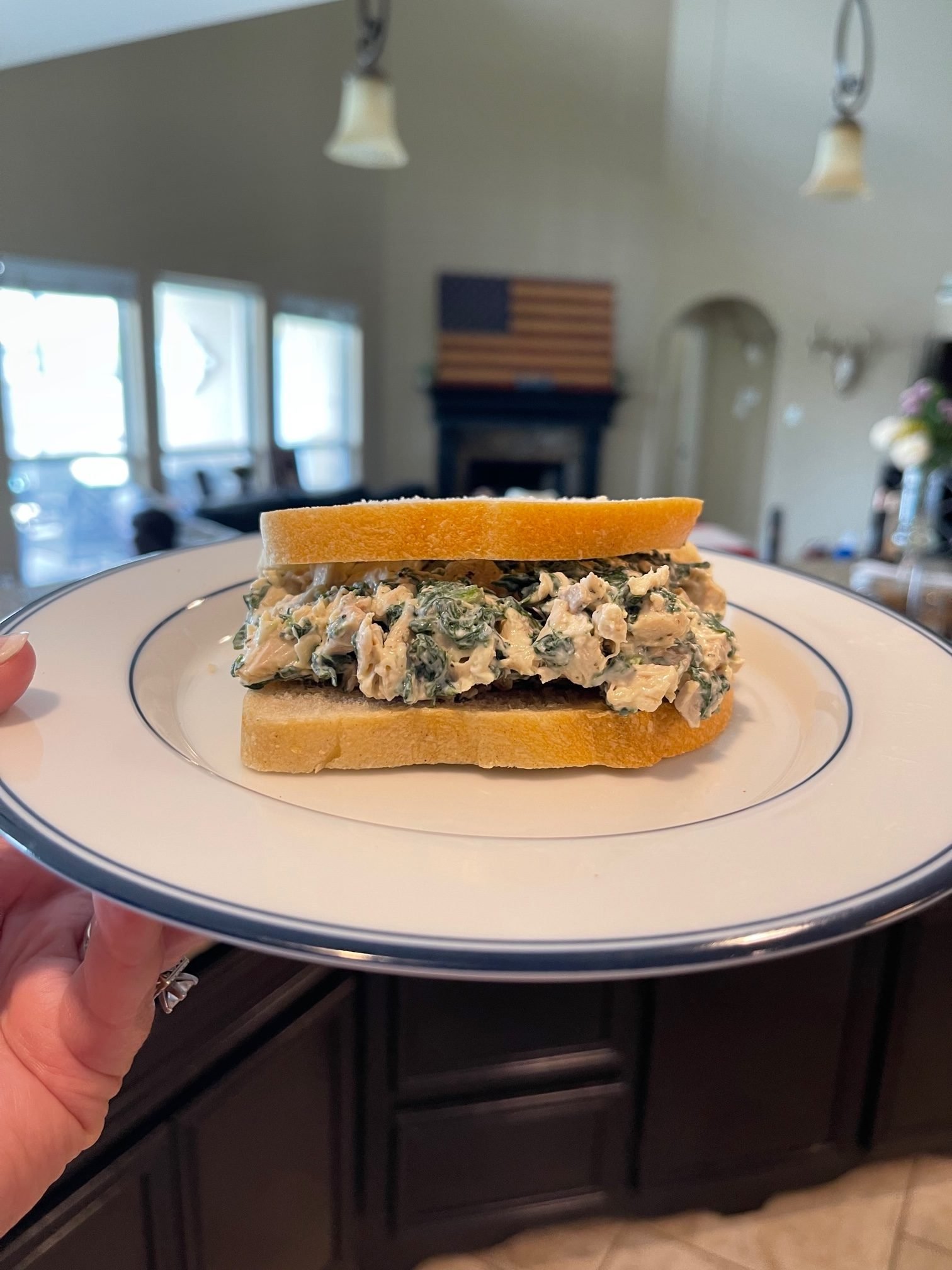 Chicken Spinach salad on a plate with bread