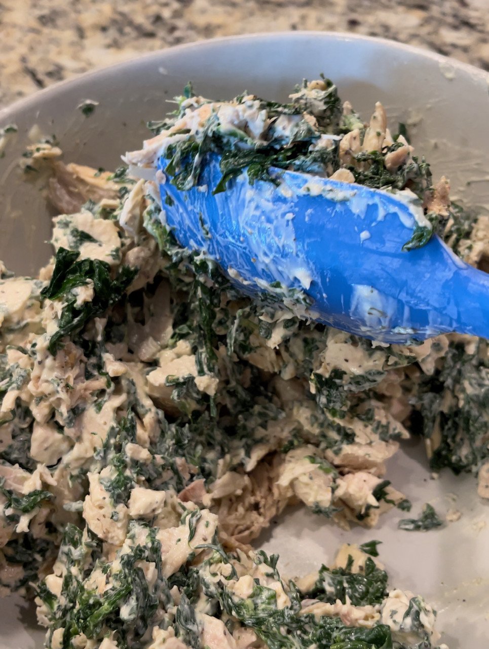 Mix the chicken, seasonings, spinach, and mayonnaise until desired consistency and taste.