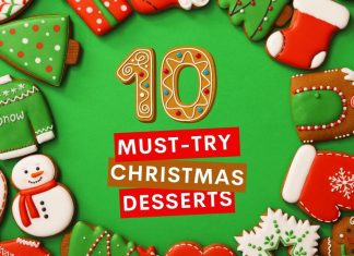 Image reads: 10 Must-Try Christmas Desserts. Background is green and the border is filled with decorated, Christmas-themed, sugar cookies.