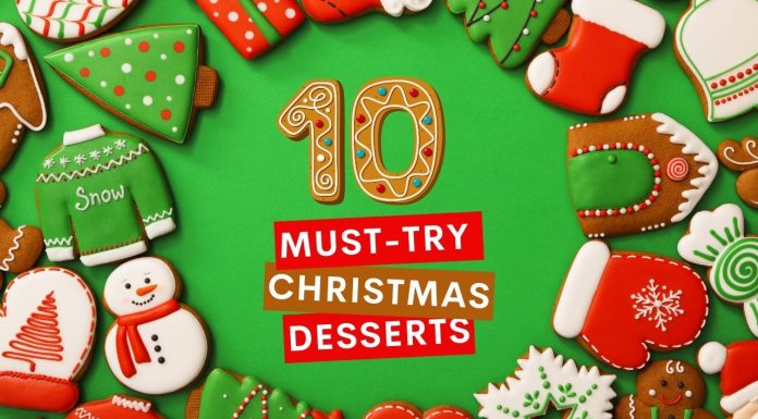 Image reads: 10 Must-Try Christmas Desserts. Background is green and the border is filled with decorated, Christmas-themed, sugar cookies.